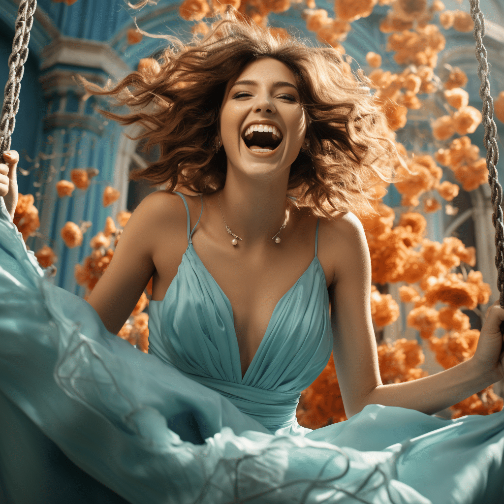 Best laughing high end fashion model women swinging on a swings