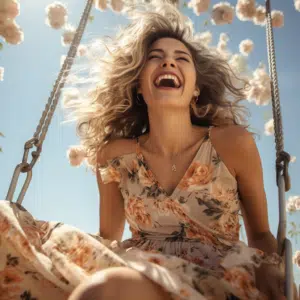 laughing high end fashion model women swinging on a swing