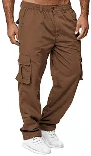 AIFARLD Men's Cargo Pants with Pockets Cotton Hiking Sweatpants Casual Athletic Jogger Sports Outdoor Trousers Relaxed Fit Bright Brown