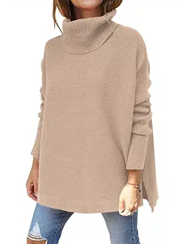 ANRABESS Women's Turtleneck Oversized Sweaters Fall Long Batwing Sleeve Spilt Hem Tunic Pullover Sweater Knit Tops shenxing S Khaki