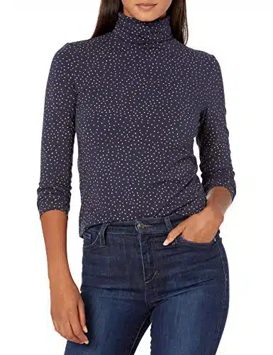 Amazon Essentials Women's Long Sleeve Turtleneck (Available in Plus Size), NavyCamel, Dots, Large