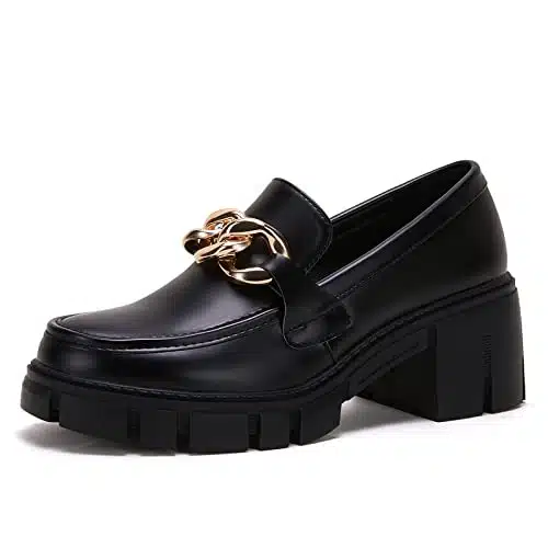 Black Loafer Women Platform,New Womens Metal Chain Patent PU Leather Platform Shoes Round Toe Slip On Loafers Chunky Shoes Spring Casual Mid Low Heel Lug Sole Black,