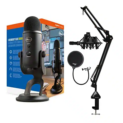 Blue Yeti Microphone (Blackout) with Knox Boom Arm Stand, Pop Filter and Shock Mount Bundle, USB