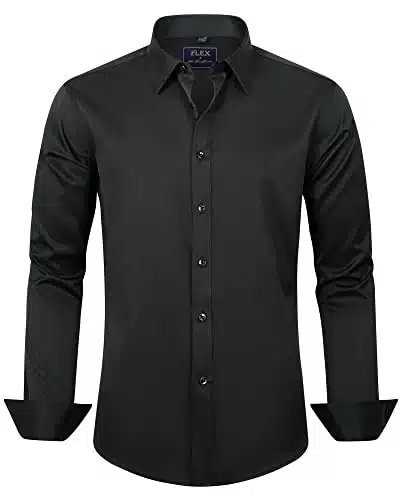 J.VER Men's Dress Shirts Solid Long Sleeve Stretch Wrinkle Free Shirt Regular Fit Casual Button Down Shirts Black Large