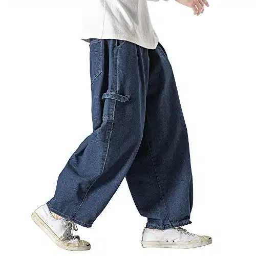 KOCHHA Jeans Men's Big Wide Pants Cotton Relaxed Fit Carpenter Jean Denim Pants Hip Hop Blue BlackXL