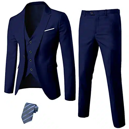 MYS Men's Piece Slim Fit Suit Set, One Button Solid Jacket Vest Pants with Tie Deep Blue