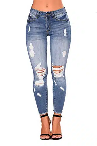 Women High Waist Skinny Stretch Ripped Jeans Cropped Knee Destroyed Denim Pants Light Blue