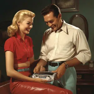 female model smiling at a man as she attaches a vacuum to a mans belt buckle