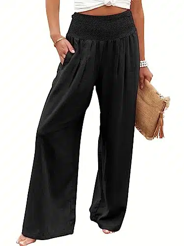 ANRABESS Women Linen Palazzo Pants Summer Boho Wide Leg High Waist Casual Lounge Pant Trousers with Pocket heise XL Black