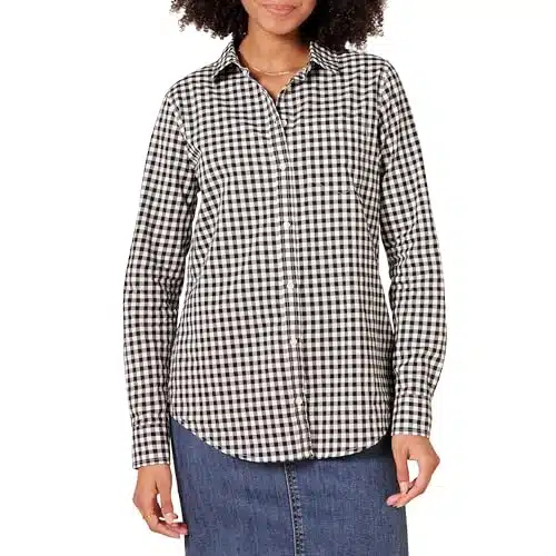 Amazon Essentials Women's Classic Fit Long Sleeve Button Down Poplin Shirt, Black White Gingham, Medium