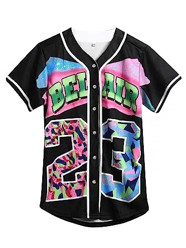 Amzdest s Clothing for Women, Unisex Hip Hop Party, Bel Air Baseball Jersey Short Sleeve Button Down Shirt (Black, XX Large)