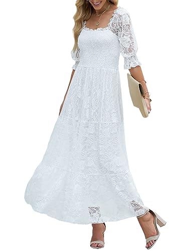 BLENCOT Womens Casual Floral Lace Square Neck Short Sleeve Long Evening Dress Cocktail Party Maxi Wedding Dresses Bohemian Flowy Boho Dress White X Large