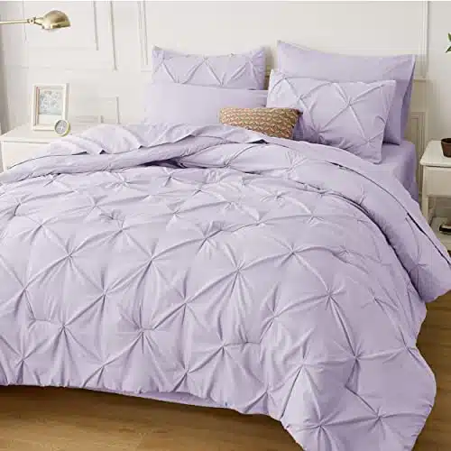 Bedsure Light Purple Comforter Set Queen   Bed in a Bag Queen Pieces, Pintuck Beddding Sets Light Purple Bed Set with Comforter, Sheets, Pillowcases & Shams
