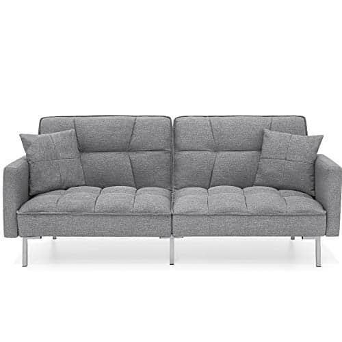 Best Choice Products Convertible Linen Fabric Tufted Split Back Plush Futon Sofa Furniture for Living Room, Apartment, Bonus Room, Overnight Guests w Pillows, Wood Frame, Metal Legs Dark Gray