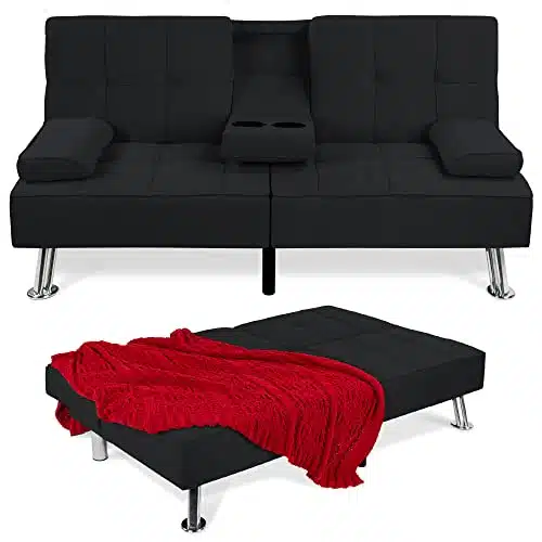 Best Choice Products Linen Upholstered Modern Convertible Folding Futon Sofa Bed for Compact Living Space, Apartment, Dorm, Bonus Room wRemovable Armrests, Metal Legs, Cupholders   Black