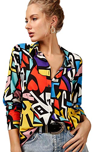 Blouses for Women Fashion, Casual Long Sleeve Button Down Shirts Tops, XS XL (Red Yellow Mix Colors, X Large)