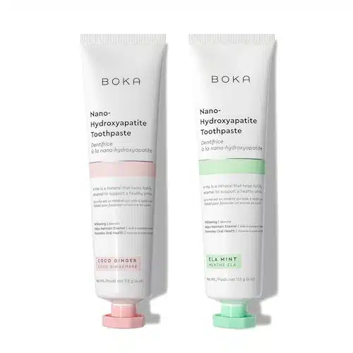 Boka Fluoride Free Toothpaste   Nano Hydroxyapatite, Remineralizing, Sensitive Teeth, Whitening   Dentist Recommended for Adult, Kids   Ela Mint and Coco Ginger Natural Flavor   oz (Pack of )