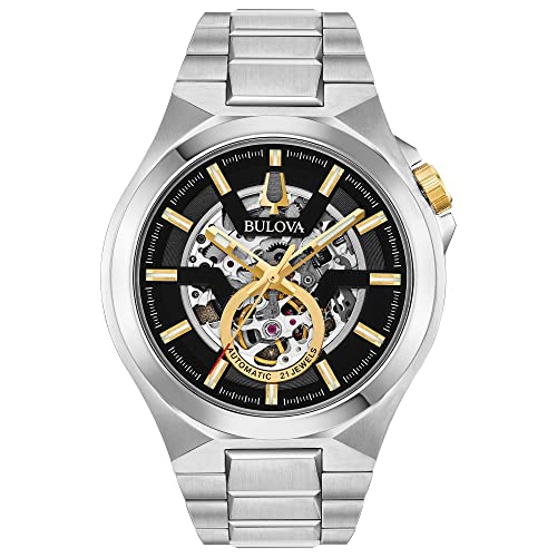 Bulova Men's Classic Maquina Stainless Steel Hand Automatic Watch, Skeleton Dial with Gold Tone Accents Style A