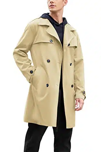 COOFANDY Khaki Trench Coat Notched Lapel Long Jacket Double Breasted Windproof Lightweight Overcoat (Khaki S)
