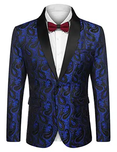 COOFANDY Mens Floral Tuxedo Jacket Paisley Shawl Lapel Suit Blazer Jacket for Dinner,Prom,Wedding Blue