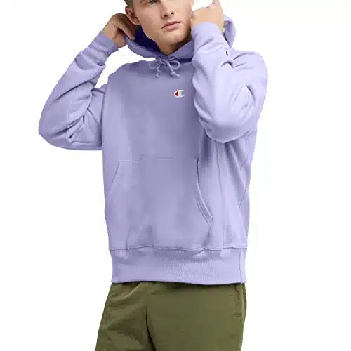 Champion Hoodie, Reverse Weave Fleece Comfortable Pullover Sweatshirt for Men, Graphic, Pure Lavender Left Chest C, Large