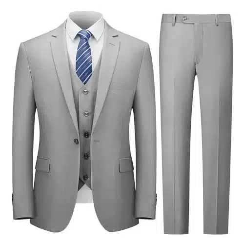 Cooper & Nelson Men's Suit Slim Fit, Piece Suits for Men, One Button Jacket Vest Pants with Tie, Tuxedo Set Light Grey XL