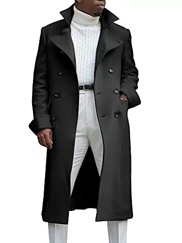 Ebifin Men's Notch Lapel Double Breasted Long Trench Coat Casual Cotton Blend Peacoat