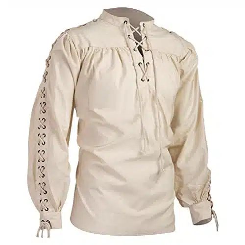 Elefan Cornelia Underwear Men's Loose Linen Medieval Gothic Renaissance Shirt Long Sleeve Viking Pirate Mercenary Scottish Costume Beige, Small(Bust to )