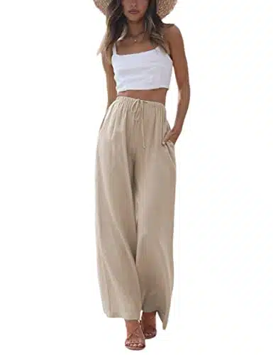 Faleave Women's Cotton Linen Summer Palazzo Pants Flowy Wide Leg Beach Trousers with Pockets(Khaki M)