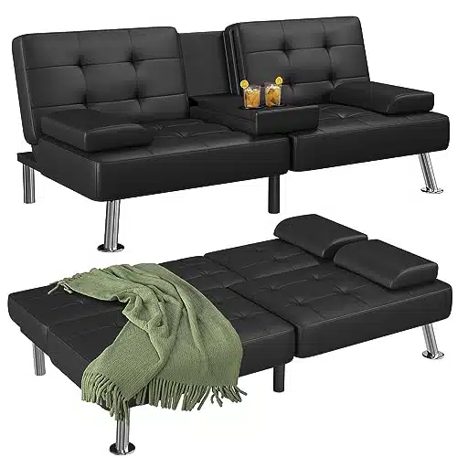 Flamaker Futon Sofa Bed Modern Faux Leather Couch, Convertible Folding Futon Couch Recliner Lounge for Living Room with Cup Holders with Armrest (Black)