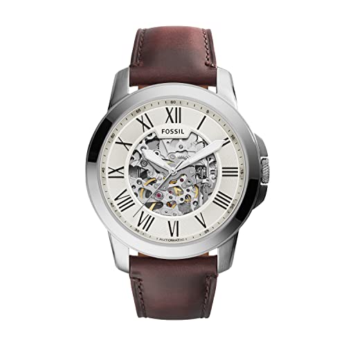 Fossil Men's Grant Automatic Stainless Steel and Leather Three Hand Watch, Color Silver, Brown (Model ME)