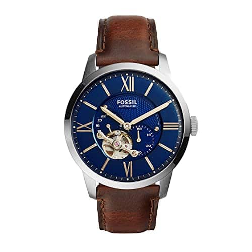 Fossil Men's Townsman Automatic Stainless Steel and Leather Two Hand Skeleton Watch, Color Silver, Brown (Model ME)