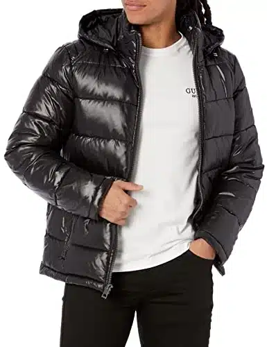 GUESS mens Midweight Puffer Jacket Down Alternative Coat, Black, X Large US