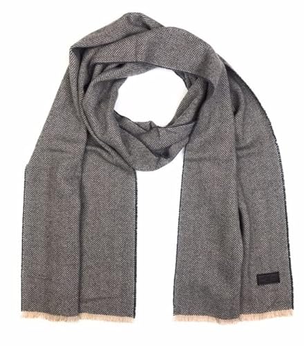 Hickey Freeman Menâs Wool Blend Patterned Scarf â Merino WoolCashmere, inches x inches, GreyCamel Herringbone