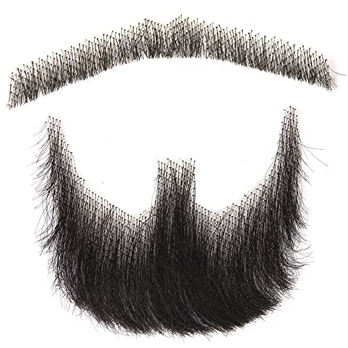 Human Hair Fake Beard for Men One Pair Black Fake Mustache Realistic Hand Tied Lace Fake Goatee Beards for Halloween Funny Cosplay Costume Party