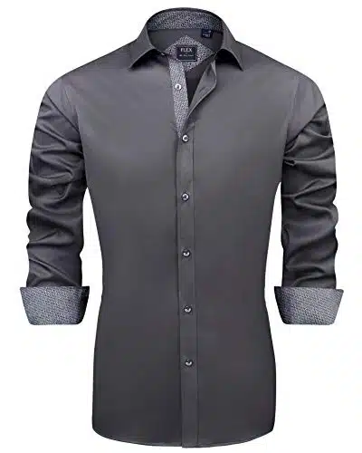 J.VER Men's Casual Long Sleeve Stretch Dress Shirt Wrinkle Free Regular Fit Button Down Shirts Grey Large
