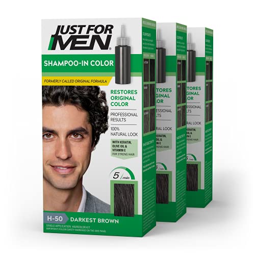 Just For Men Shampoo In Color (Formerly Original Formula), Mens Hair Color with Keratin and Vitamin E for Stronger Hair Darkest Brown, H , Pack of