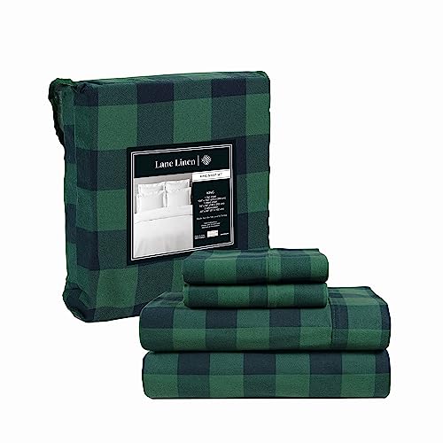 LANE LINEN % Cotton Flannel Sheets Set King Size Flannel Sheets, Piece Luxury Bedding Sets, Lightweight, Brushed for Extra Softness, Warm and Cozy, Deep Pocket Buffalo Check Green