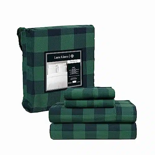 LANE LINEN % Cotton Flannel Sheets Set   King Size Flannel Sheets, Piece Luxury Bedding Sets, Lightweight, Brushed for Extra Softness, Warm and Cozy, Deep Pocket   Buffalo Check Green