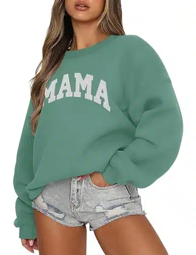 LOMON Women's MAMA Sweatshirts Long Sleeve Crew Neck Pullover Loose Fit Plus Size Cute Graphic Sweatshirtï¼Gray Green Letter,M