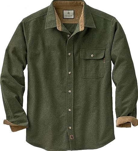 Legendary Whitetails Men's Buck Camp Flannel Shirt, Long Sleeve Heather Button Down for Men Casual Shirt with Corduroy Cuffs Fall & Winter Clothing, Army, Large