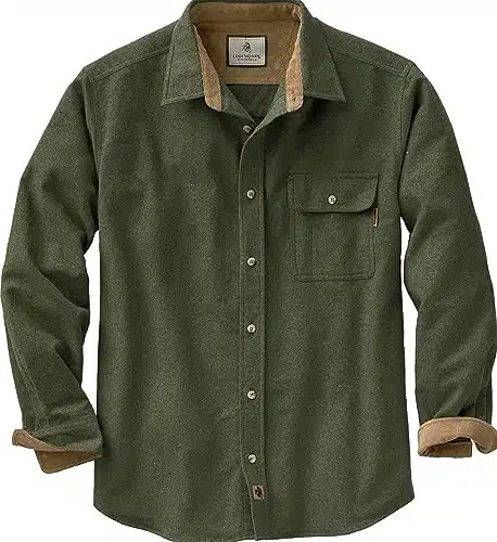 Legendary Whitetails Men's Buck Camp Flannel Shirt, Long Sleeve Heather Button Down for Men Casual Shirt with Corduroy Cuffs Fall & Winter Clothing, Army, Large