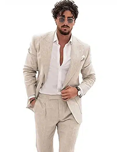 Linen Suit for Men Beige Casual Wedding Suit for Men Seersucker Suit Slim Fit Pieces Jacket Blazer Groom Tuxedo Small, Beige