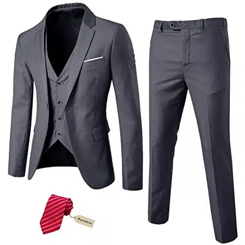 MYS Men's Piece Slim Fit Suit Set, One Button Solid Jacket Vest Pants with Tie Dark Grey