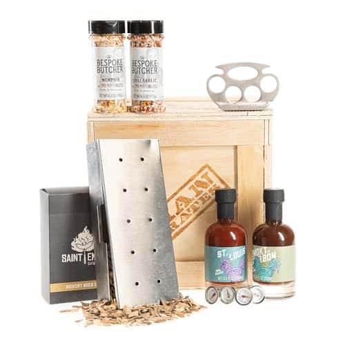Man Crates Grill Master Crate with Wood Chips, Smoker Box, Thermometer, Tenderizer, Sauce and Rubs