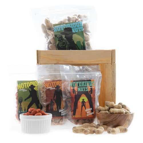 Man Crates Saloon Nuts Mini Crate â Includes Chili Lime Pistachios, Honey Bourbon Cashews and More, Wooden Crate With A Laser Etched Crowbar
