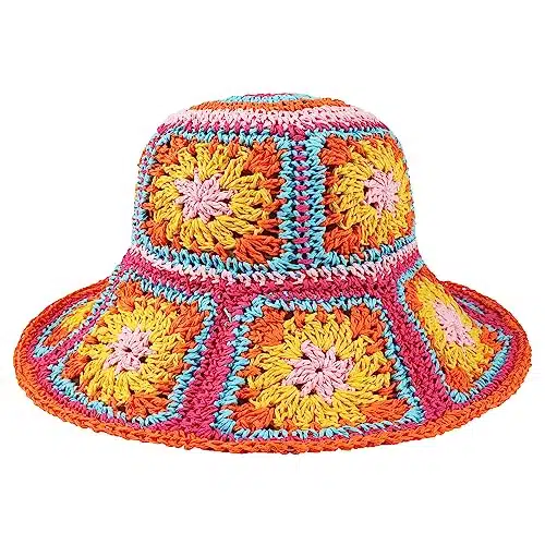 Multicolor Floral Crochet Straw Sun Hat Foldable Packable Wide Brim Bucket Hat Summer Beach Hat for Women (Rose)