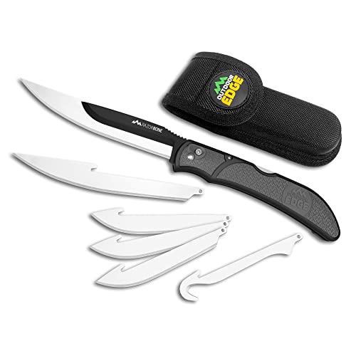 OUTDOOR EDGE RazorBone Replaceable Blade Folding Hunting Knife with Clip & Sheath. Butcher Knife Blade Styles Boning, Gutting, & Skinning Knives. Gray, Camo Sheath, Blades & Blade Box