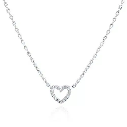 PAVOI Rhodium Plated Cubic Zirconia Heart Necklace  Cute Dainty Love Pendant Necklaces for Women
