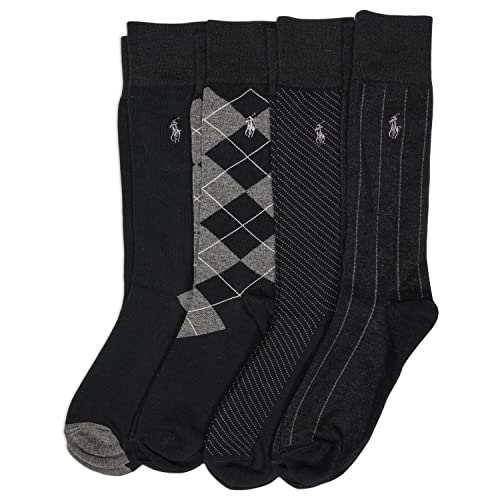 POLO RALPH LAUREN Men's Assorted Pattern Dress Crew Socks Pair Pack Soft and Lightweight Cotton Comfort, Black,
